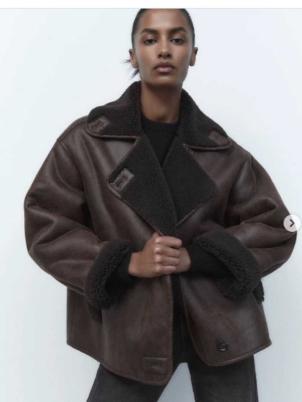 Zara Faux Fur Double Breasted Bomber Jacket in Chocolate Brown